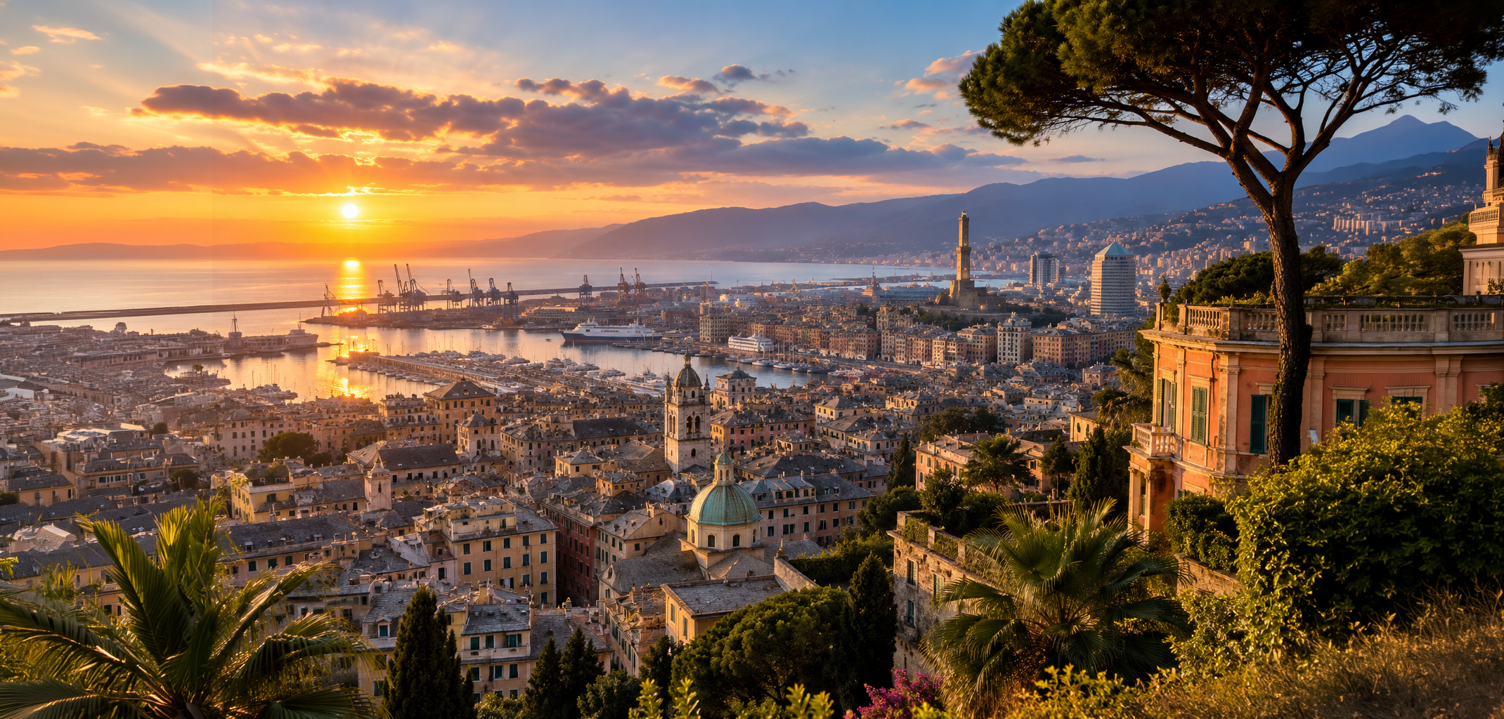 Panorama di Genova al tramonto